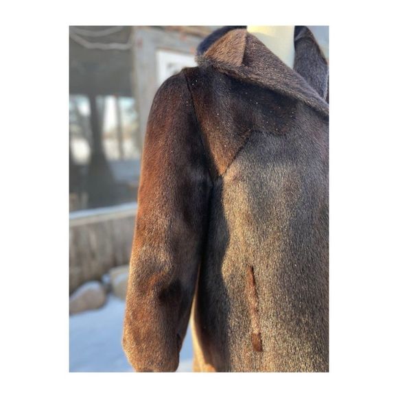 Vintage 50s Sheared Beaver Long Fur Coat Brown Balloon Sleeves Fuchsia Satin - Picture 5 of 16